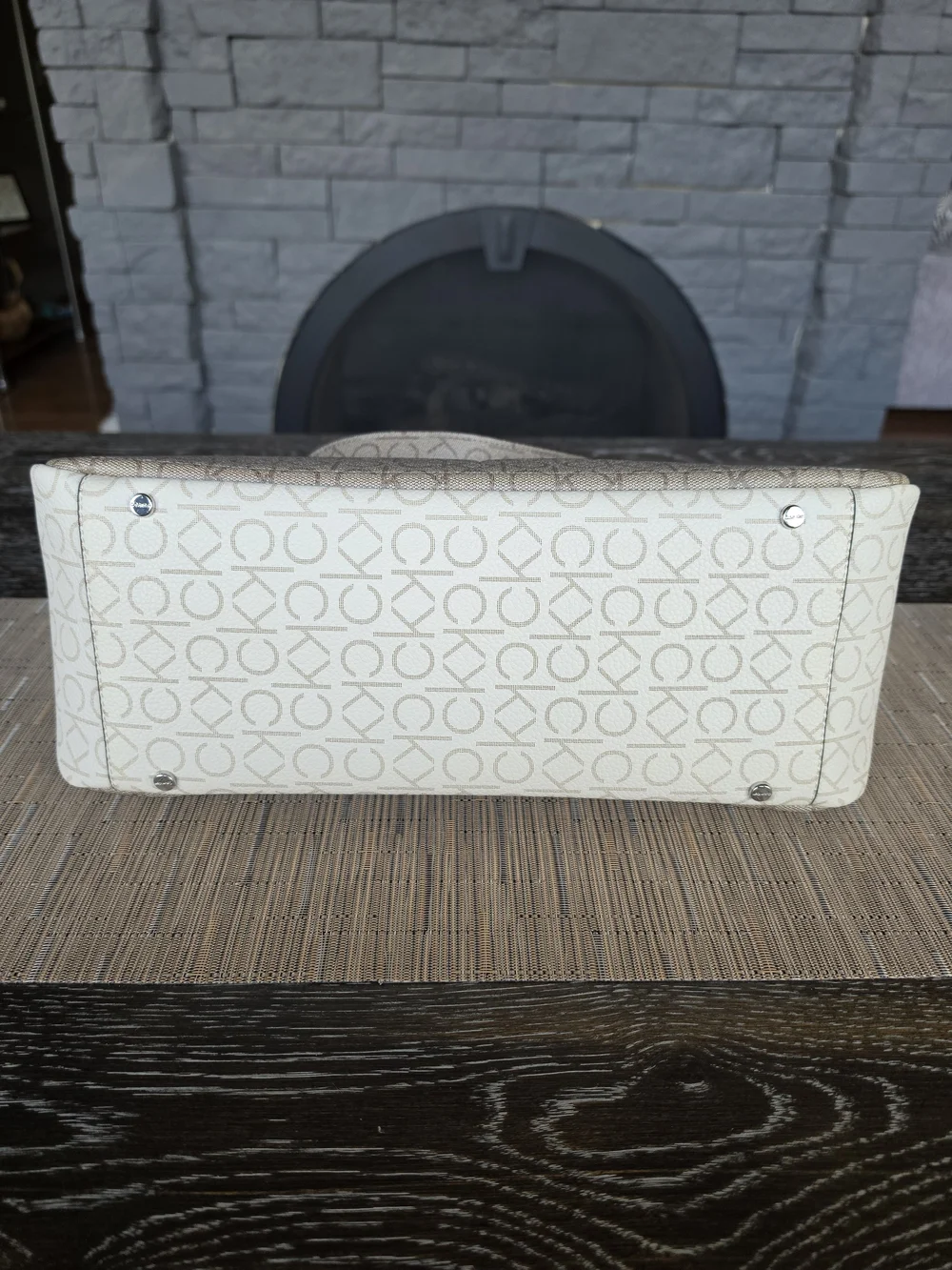 Calvin Klein Two-Tone Beige & Cream Monogram Tote with Pouch